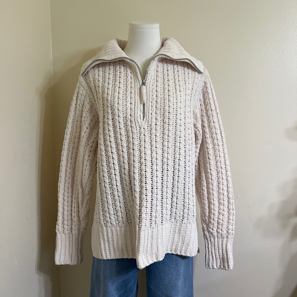 Aerie Chenille Cable Knit Quarter Zip Sweater Cream Ivory XS